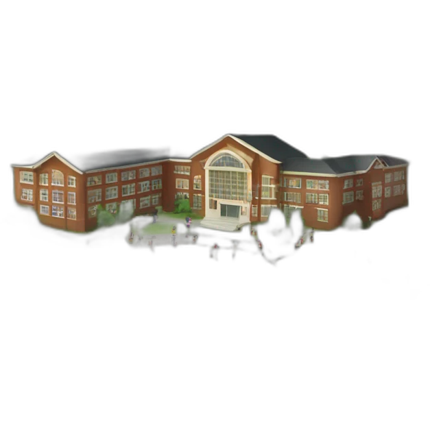 a school with mountains in one direction and river in another and children playing emoji