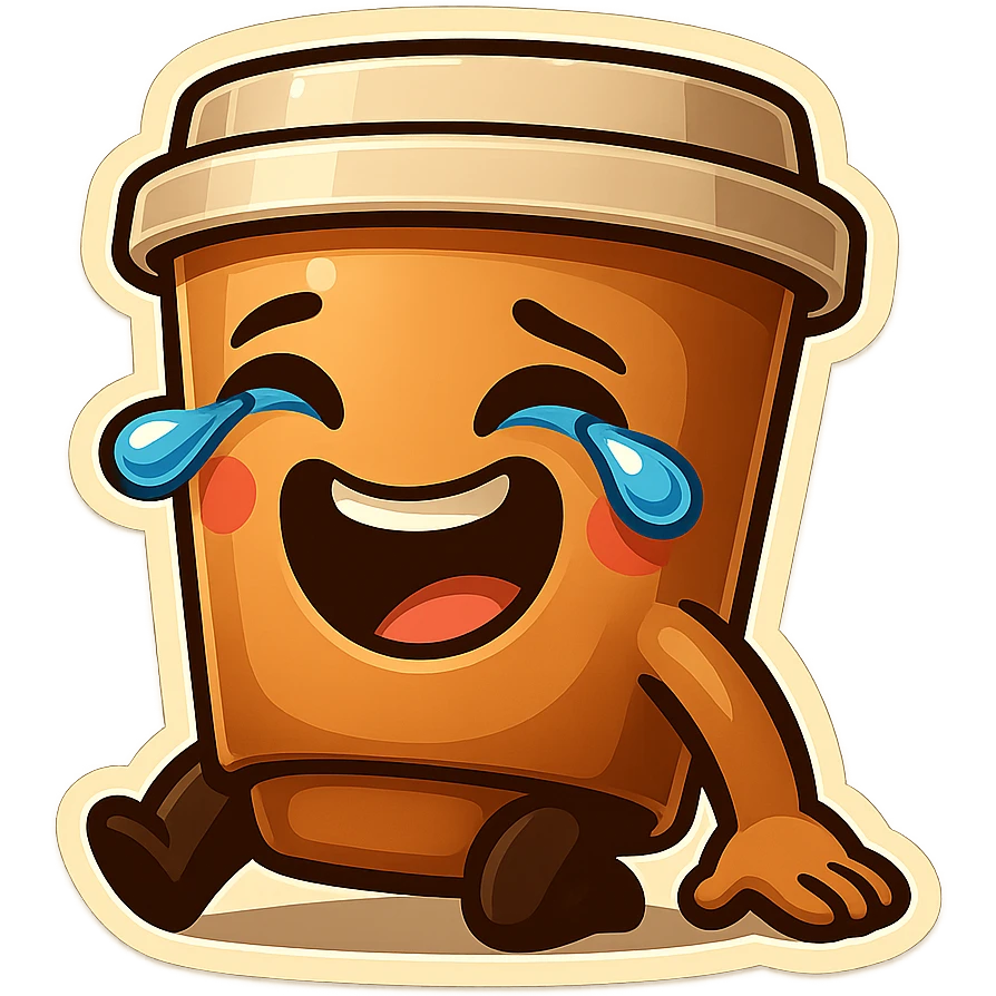 Tall coffee cup, laughing hard, tears in eyes, pounding ground, dramatic laugh emoji