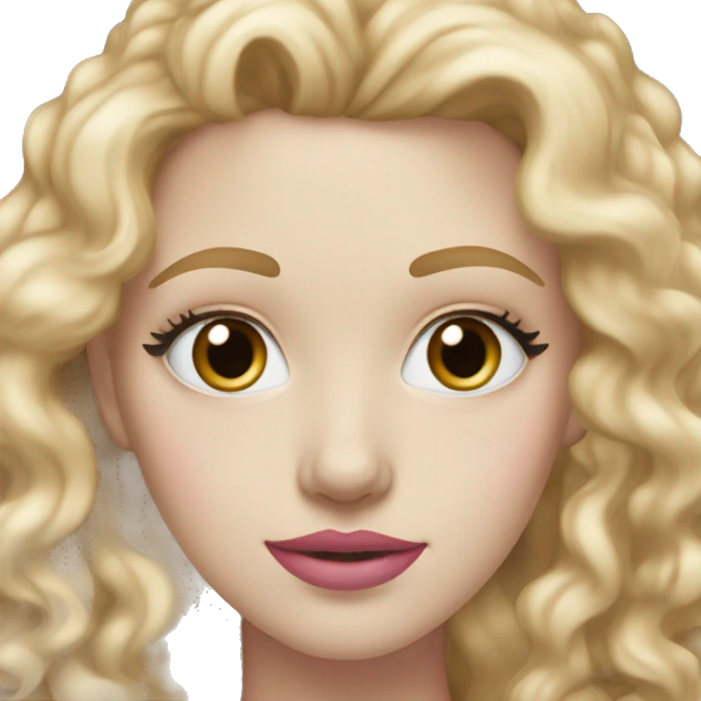 Pale white 25 year old woman with blue eyes, long blonde and curly hair, light brown eyebrows and pink lips emoji