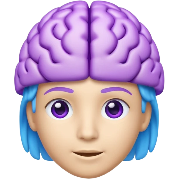 Modern 3D AI emoji, digital brain with subtle tech icons, neutral intelligent expression, blue and purple colors, clean educational style, soft lighting, transparent background. emoji