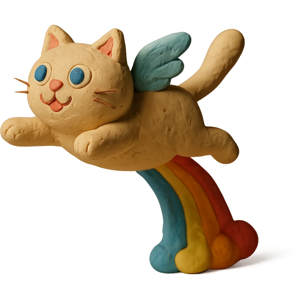 claymation style flying cat pooping rainbows emoji