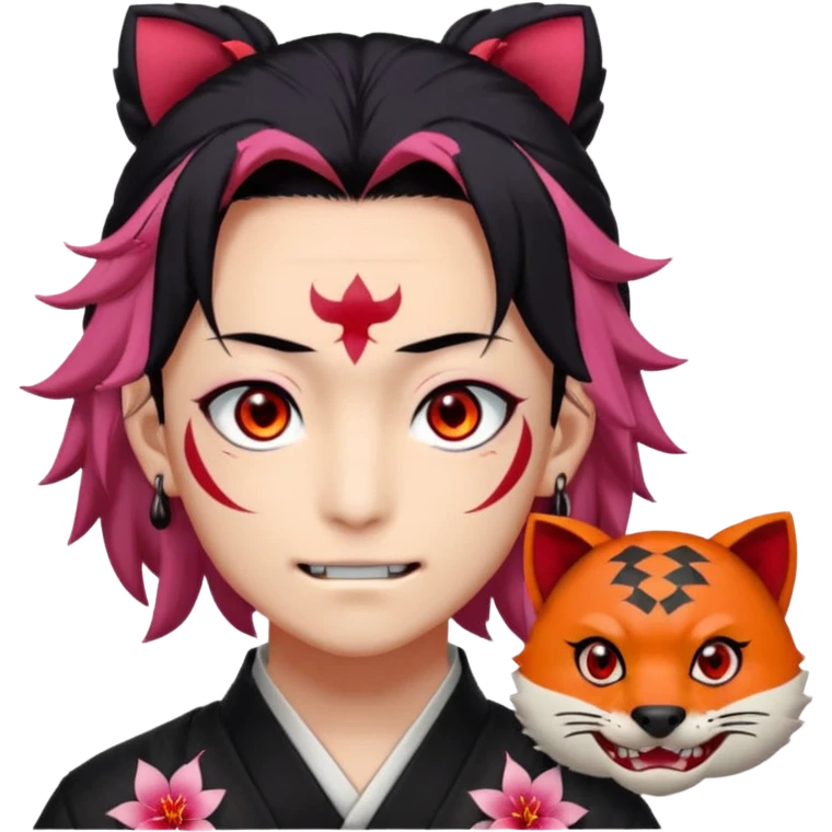 tanjiro male : Kind red eyes, black hair with burgundy tips, forehead scar, tanned skin, Hanafuda earrings.                             nezuko:   Pink eyes, black-orange hair, fangs, bamboo muzzle in mouth. emoji