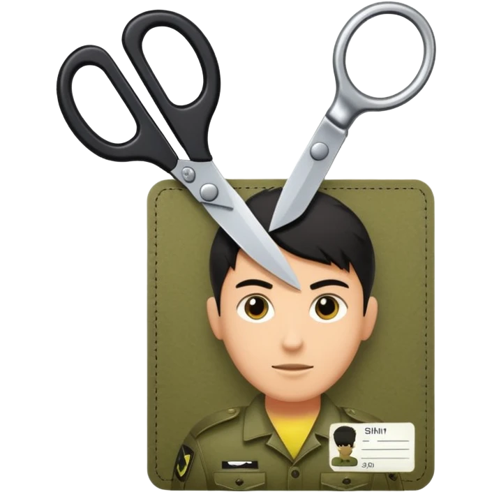 black Scissors cutting an idf soldier ID card in 2 parts .hyper realistic emoji