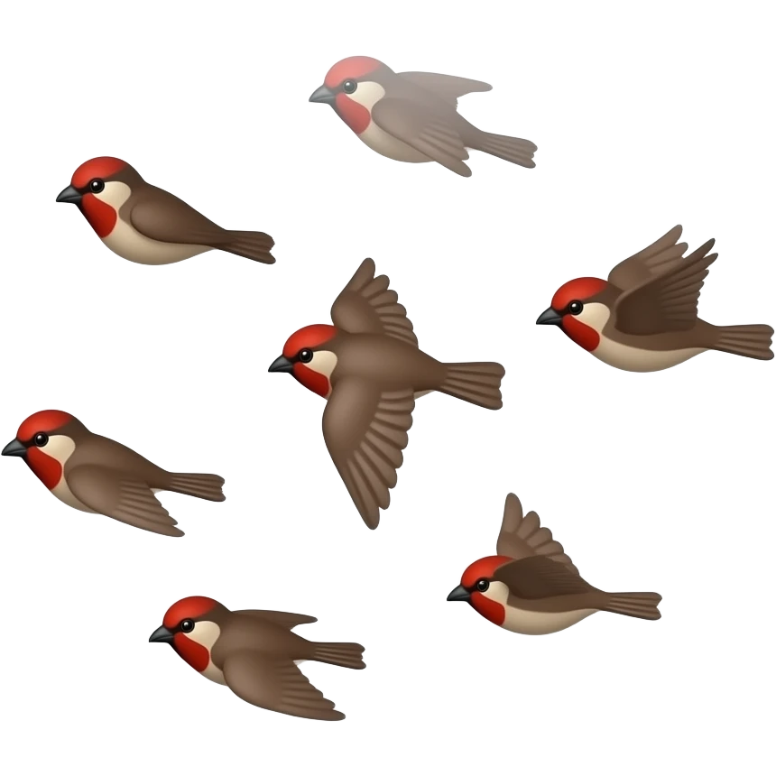 A 3D render iPhone emoji icon of a detailed Brown and red color 3D Render iPhone emojis of a flock of brown and red color songbirds flying in the air emoji