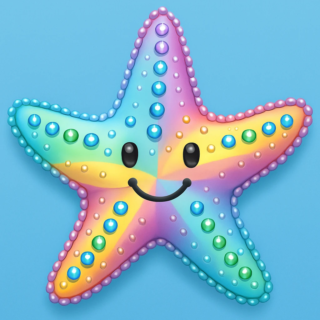 Add a soft blue background behind the apple emoji style rainbow pastel sea star with gems, keep the emoji style and all details. The style should resemble the original apple emoji style with rainbow pastel colors and gem details. emoji