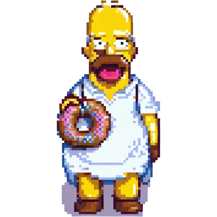 Homer Simpson pixel art, minimal details, holding a chocolate donut emoji