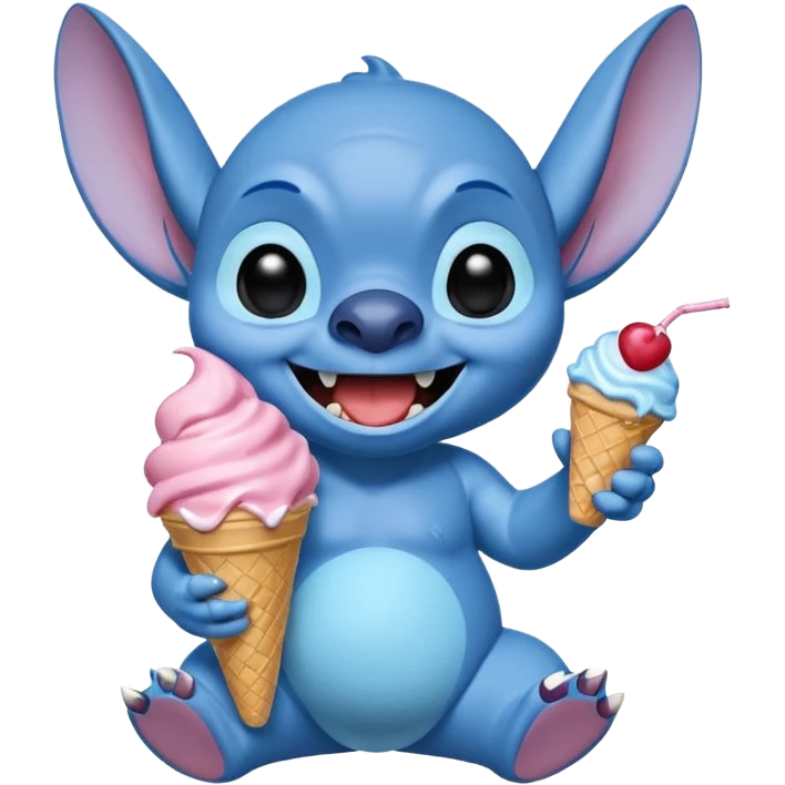 Stitch the blue alien from Lilo & Stitch eating ice cream with a big smile emoji