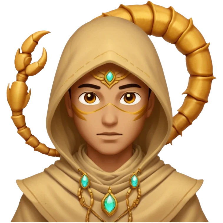 desert sand mage portrait, head and shoulders only, scorpion-themed hood, golden desert jewelry, swirling sand aura, glowing eyes, fantasy vibe, 3D cartoon, mobile game icon style, clean background, no text, no watermark
 emoji
