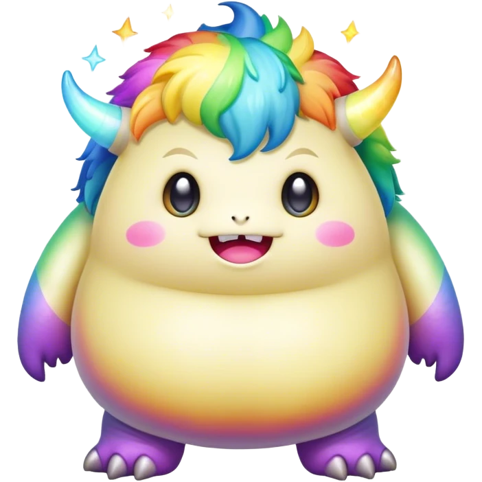 Kawaii derpy fat rainbow monster surrounded by magic, rich textures, visually rich, so lifelike that it feels like it could leap off the page at any moment emoji