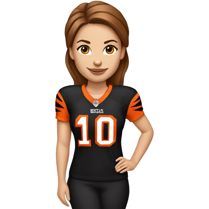 Caucasian ￼women with brown hair wearing a Cincinnati bengals jersey emoji