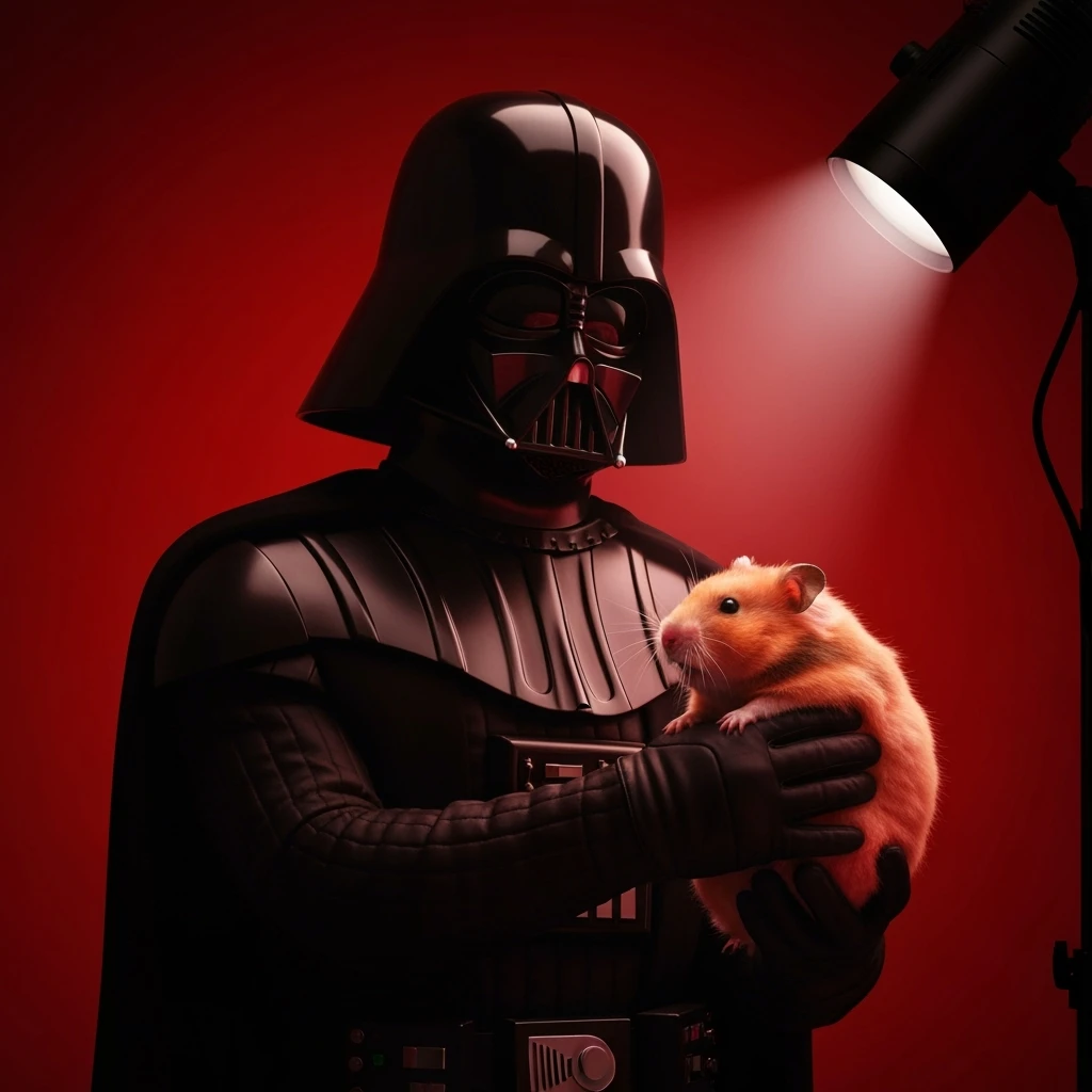 Extreme Closeup Photo of a darth vader holding big hamster, low key light, red solid background with leading lines, back light, spot light emoji