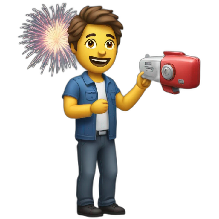 Man with remote control and Fireworks emoji