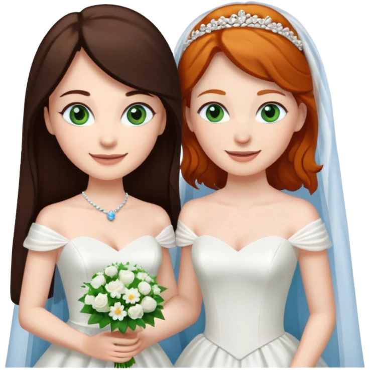 A tall, pale woman with very dark brown hair and green eyes marrying a shorter ginger woman with blue eyes, both in wedding dresses. emoji