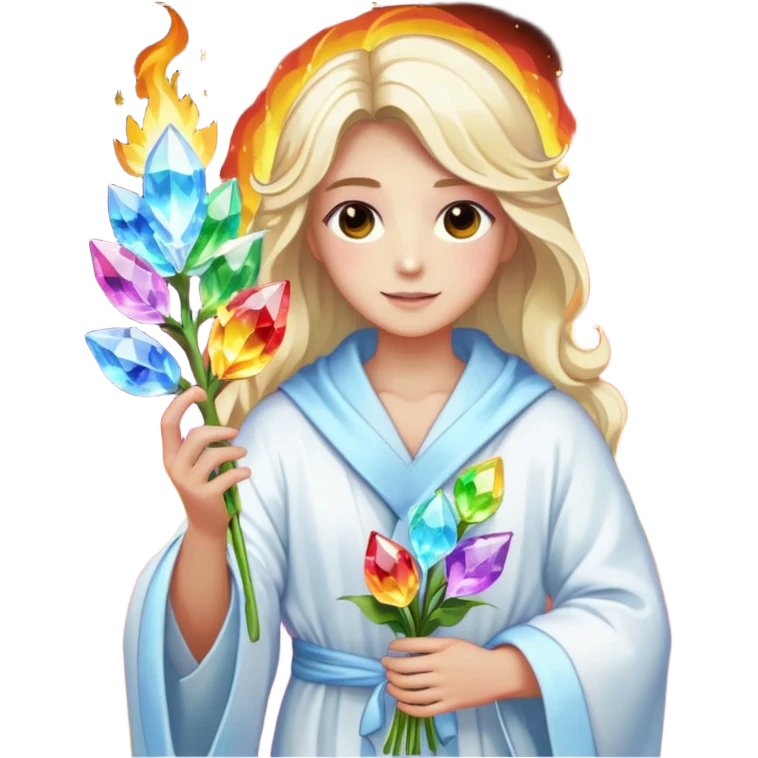 a being made of light of light with a robe on made of light and who is lanky holding a bouquet of crystal flowers on rainbow fire emoji