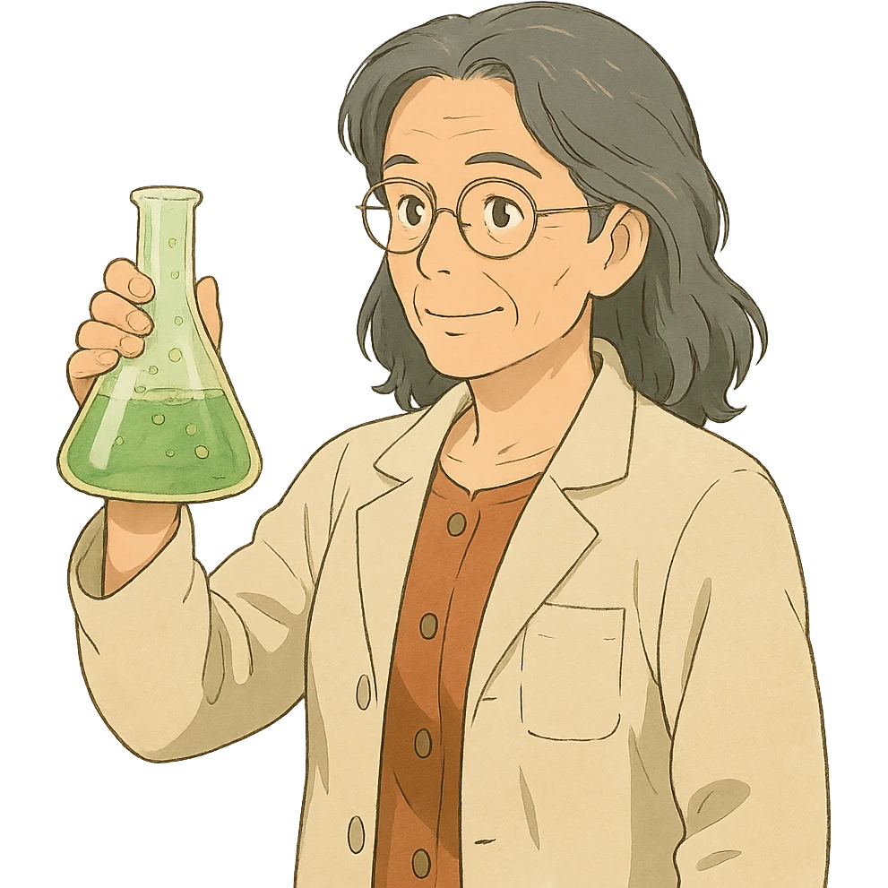 woman science teacher with long graying hair, holding a beaker, in ghibli style emoji