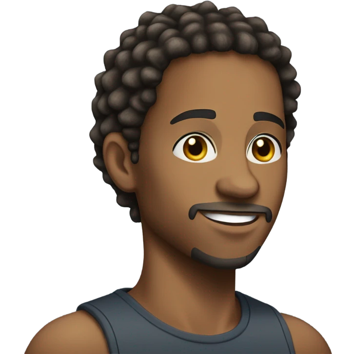 A young African-American male with short, thick dreadlocks, a friendly, confident smile, and a trimmed goatee. He has a slim but toned build, sharp facial features, and wears a cap. emoji