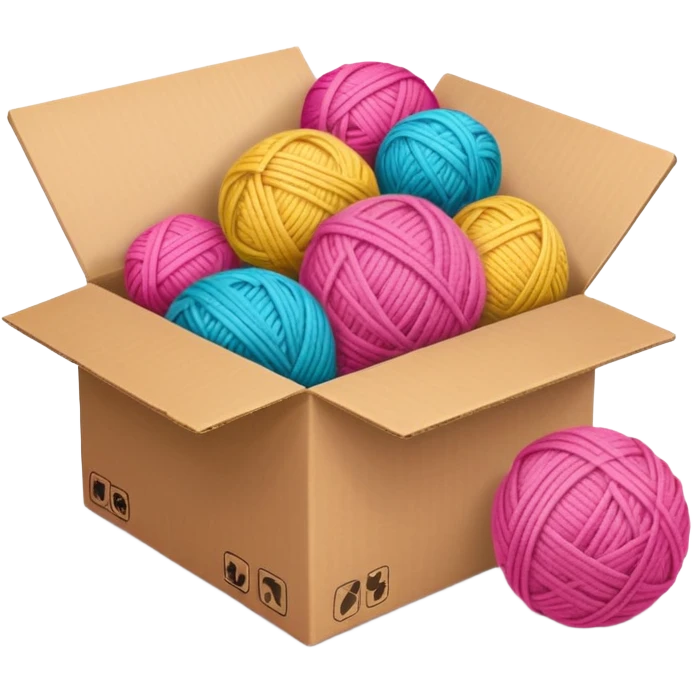 cardboard box with toys, ball of yarn, pink emoji