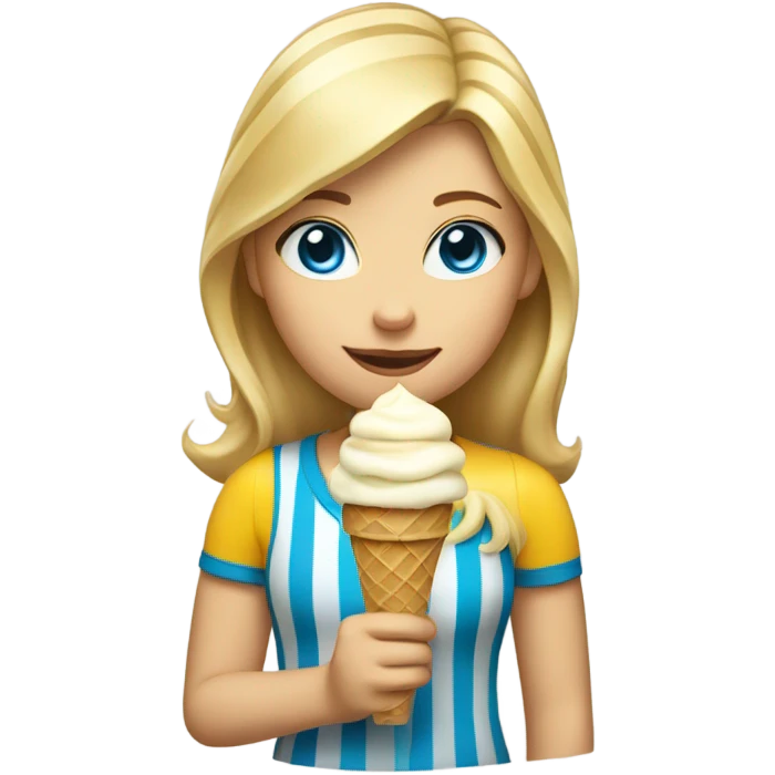 Girl with mid length blonde hair, blue eyes, yellow striped shirt, holding vanilla ice cream cone emoji