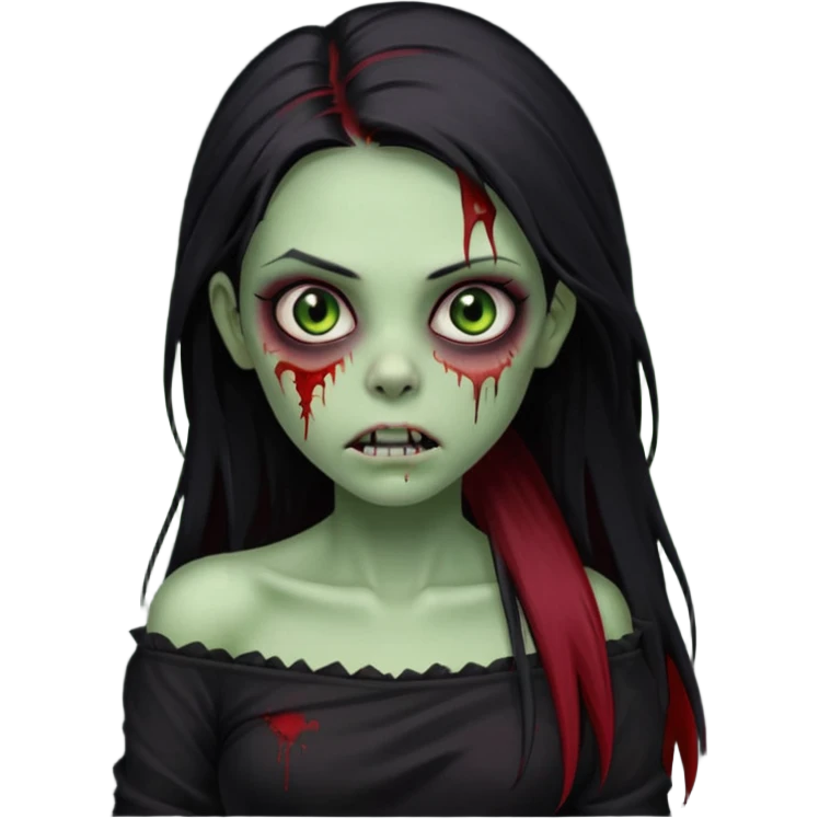 Garota zumbi com cabelo todo preto liso longo e mechas vermelhas na lateral da cabeça dos dois lados, usando uma blusa com um lado da manga caida preta  emoji