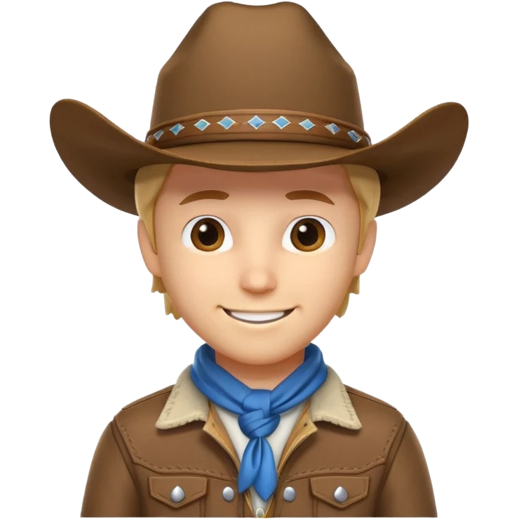 cute cowboy portrait, head and shoulders only, cowboy hat, bandana, western jacket collar, confident smile, 3D cartoon, mobile game icon style, clean background, no text, no watermark
 emoji