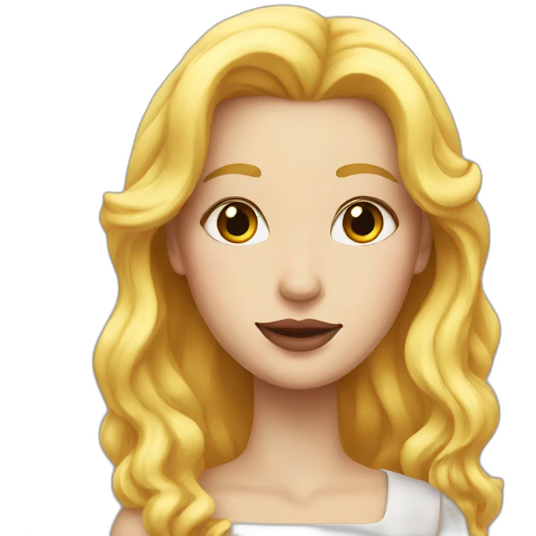 A white woman with yellow hair and pink lipstick with long hair and a top emoji
