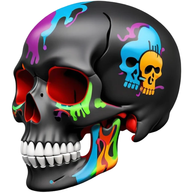 smooth black skull with vibrant graffiti paint contained within the skull shape, brand logos inside skull outline only, side view emoji