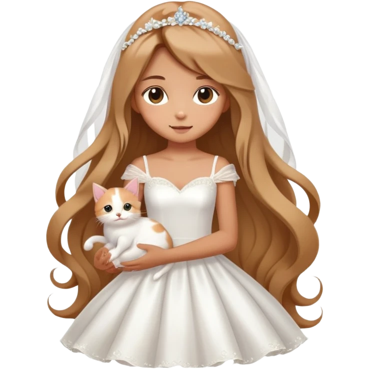 Very dreamy-beautiful-fashionable and elegant-a girl in a wedding dress holding a kitten-shiny-lady-soft style-kawaii-beautiful-hair-fairy style- emoji