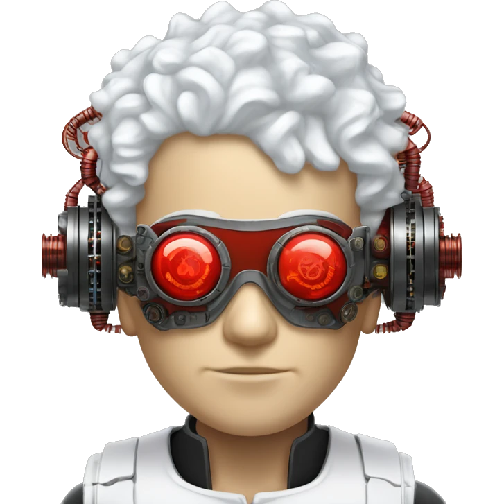 White curly hair male cyborg head with red steampunk goggles and circuits emoji