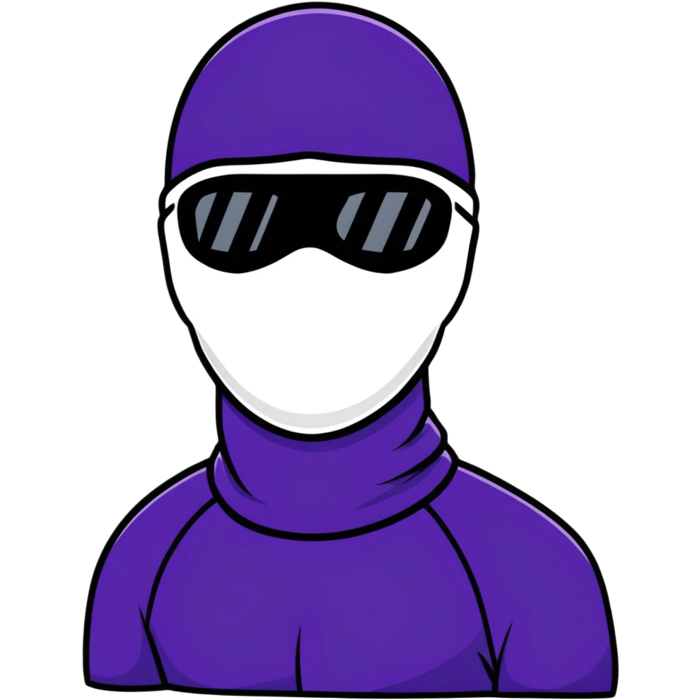 shirtless athletic man with white skin, wearing a purple balaclava face mask and purple sunglasses with black tinted lenses emoji