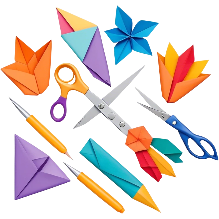 Paper crafting icon, various paper crafts like origami, paper flowers, and scrapbooking materials, visible tools such as scissors, glue stick, and paper sheets, colorful paper patterns, minimalistic style, clean lines, transparent background. emoji