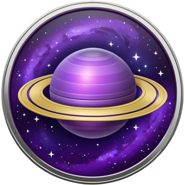 a space-themed coin with a purple saturn on it emoji