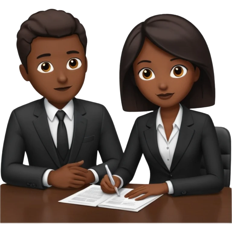 man in formal suit talking to woman in formal suit, they sit, papers in hands on the table emoji