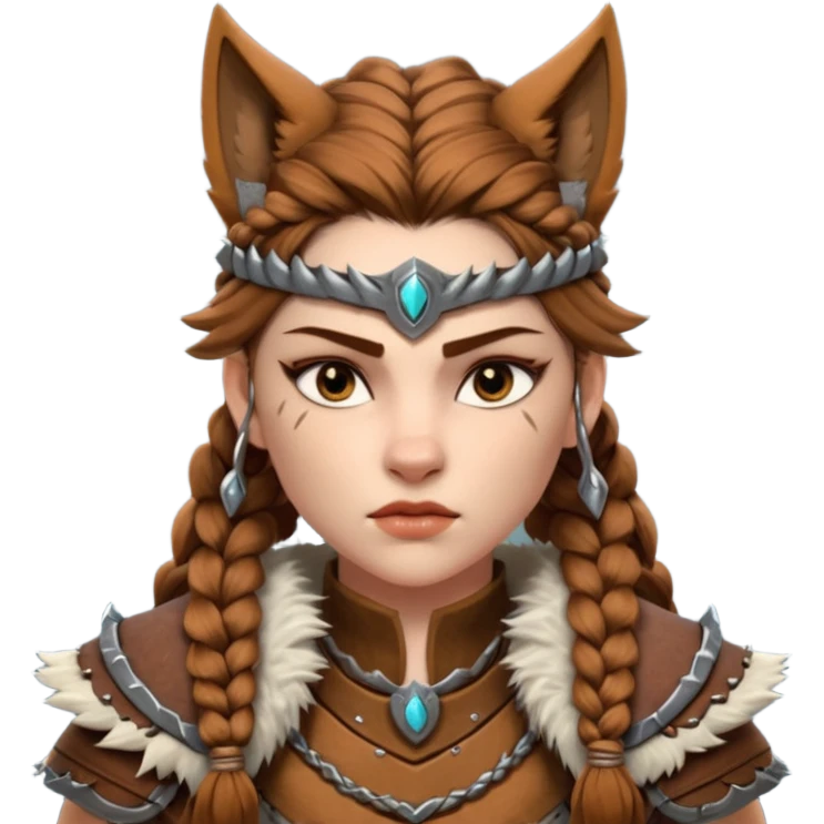 barbarian woman wolf rider portrait, head and shoulders only, fierce female warrior, fur-lined barbarian armor collar, wolf fur details, wild braided hair, intense eyes, tribal warrior vibe, fantasy style, 3D cartoon, mobile game icon style, clean background, no text, no watermark
 emoji