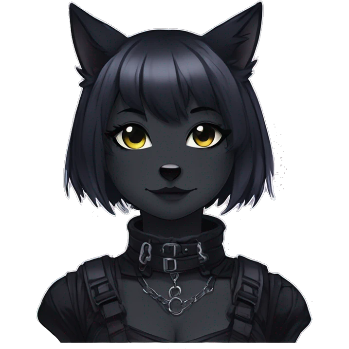 Gorgeous gothic dark techwear anime style anthro black cat furry with blushing face aesthetic and pretty edgy black with collar and harness trending style emoji