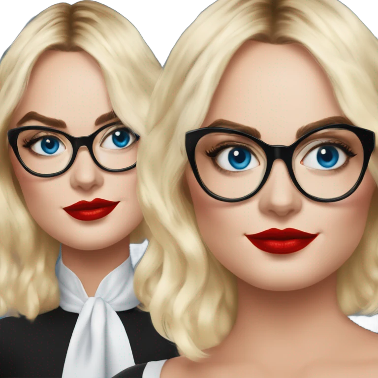  Margot Robbie, bright blue eyes and winged eye liner, red kisses, wearing black glasses  emoji