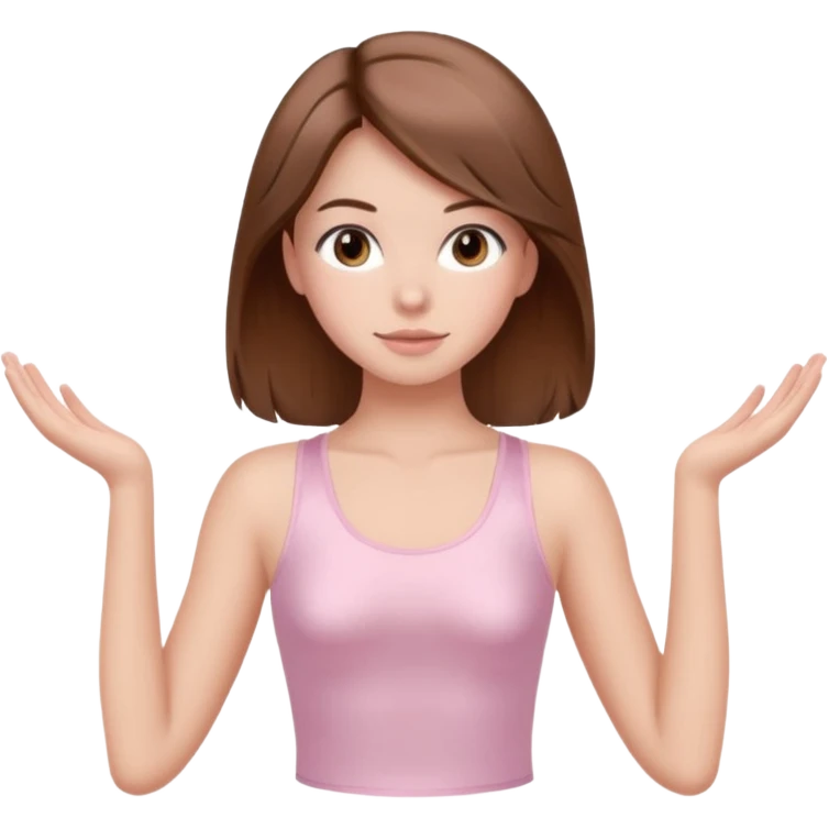 brown hair girl wearing light pink pilates clothes, silk beautiful medium hair and brown eyes emoji