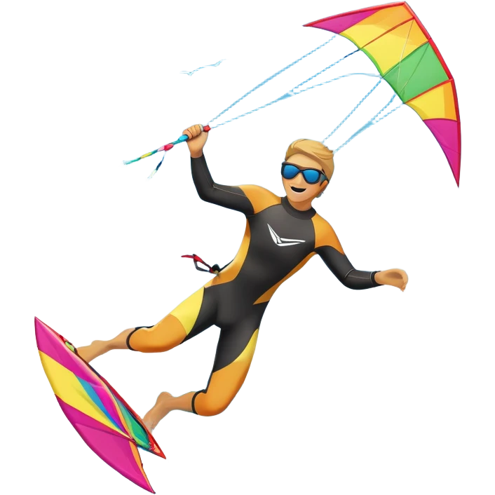 A kite surfer gliding across the water with a colorful kite soaring in the wind. The scene captures the excitement and fluid movement of the sport, with waves splashing around and a clear sky, emphasizing freedom and adventure. emoji