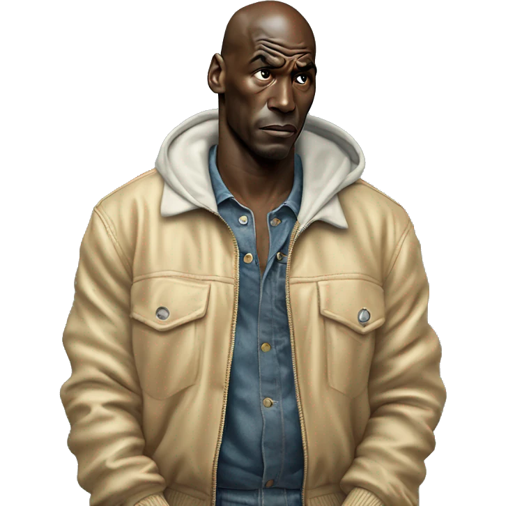Michael Jordan in a jacket holds his head and is sad photorealistic serious emoji