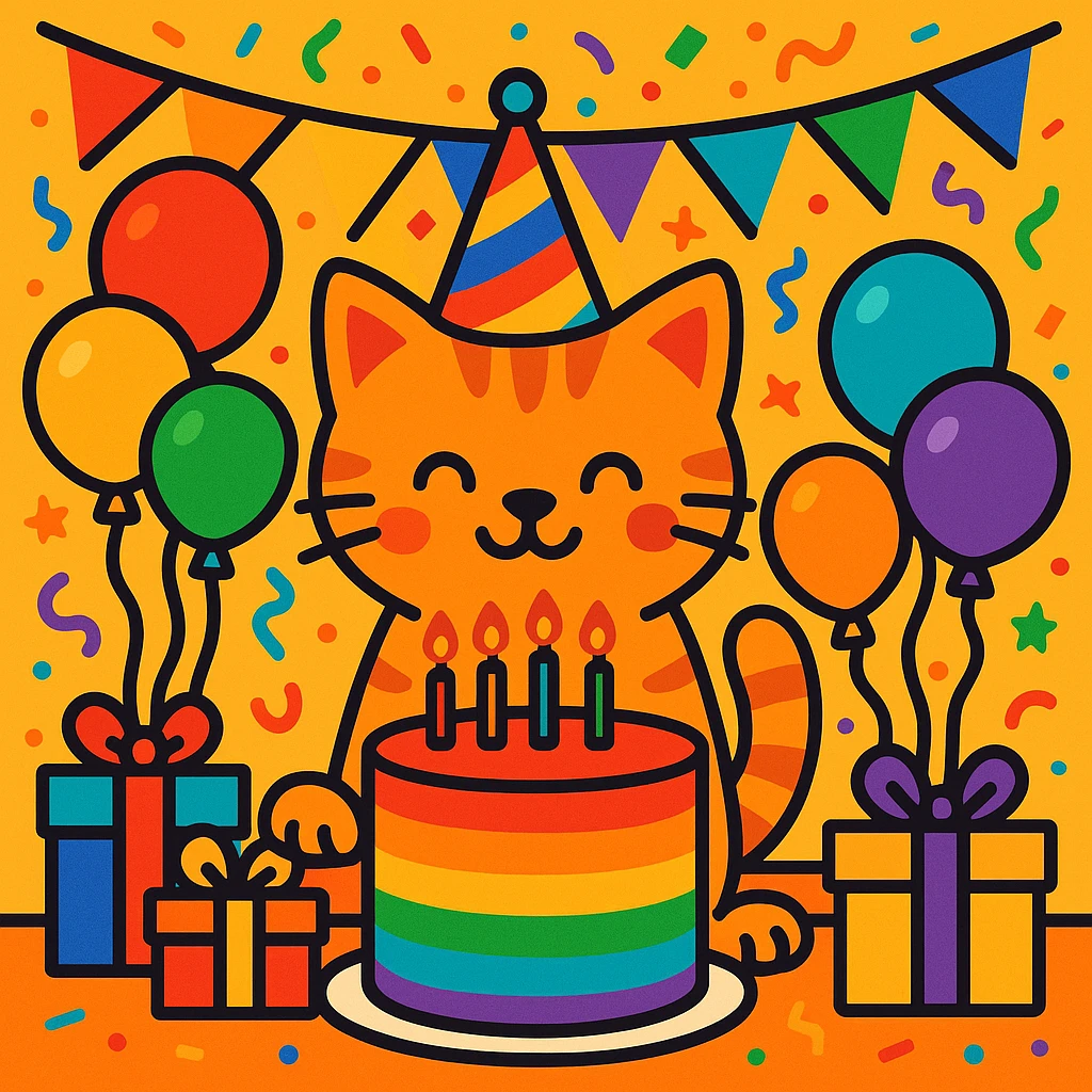 birthday party scene with rainbow balloons, multicolored decorations, confetti, large rainbow birthday cake, gifts, festive atmosphere, featuring a ginger tabby kitten wearing a birthday hat as the main character emoji