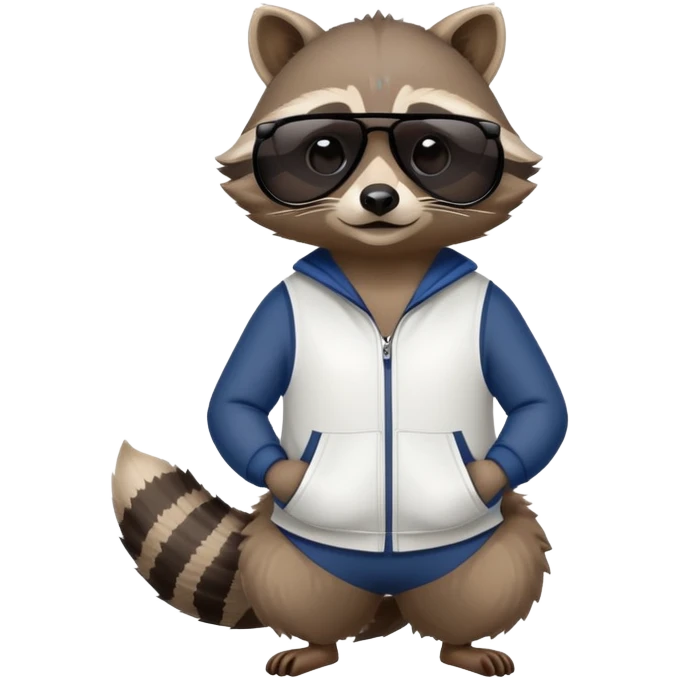 friendly anthropomorphised raccoon in sports wear, wearing dark sunglasses, relaxed pose, mafia style emoji