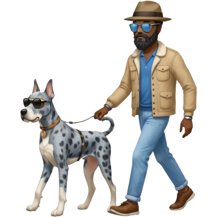 man and dog, tall bearded black man walking blue Merle Great Dane, illustration style emoji