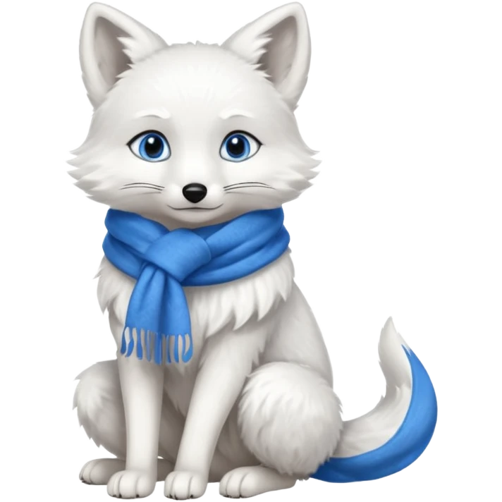 a white fox with blue eyes wearing a blue scarf in a sitting pose emoji