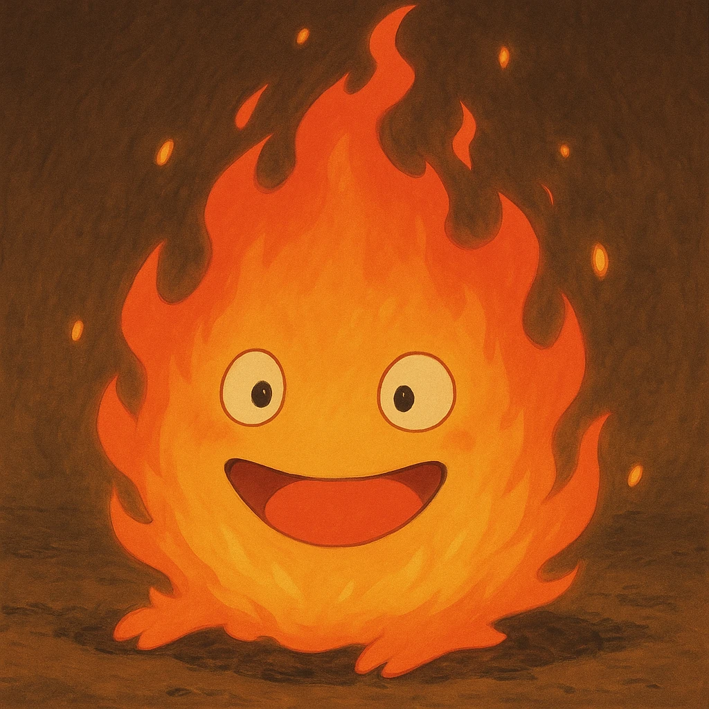 A whimsical, glowing fire demon resembling Calcifer from Howl's Moving Castle, with a playful expression and flickering flames, in Ghibli style emoji