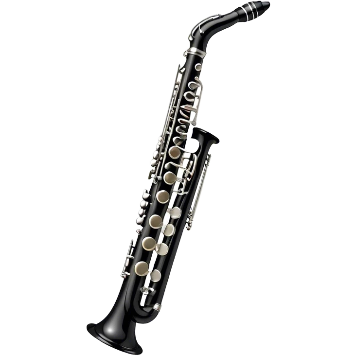 Create a sleek and professional emoji representing a black standard clarinet. The design should feature a smooth, glossy black body of the clarinet with shiny, silver keys clearly visible. Highlight the intricate details of the mouthpiece and reed at the top, while the body of the instrument should remain simple and elegant. Add subtle musical notes or soundwaves floating around the instrument to symbolize its clear, melodic sound. Use black for the body, silver for the keys, and soft lighting effects to give the instrument a polished, sophisticated look. The background should be transparent. emoji