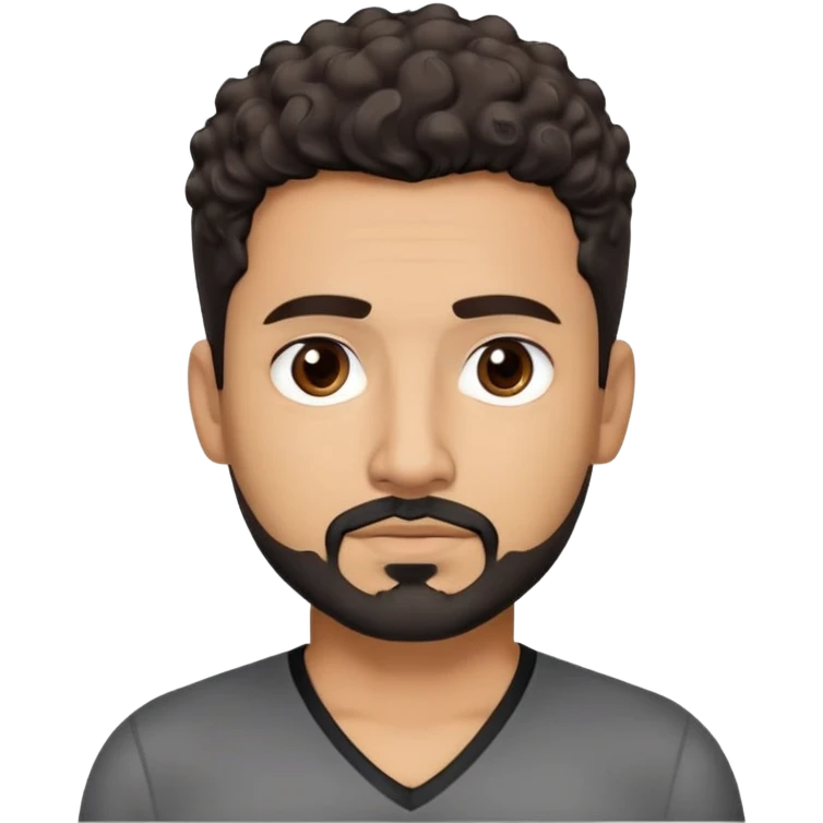 Latino man in his late 40s with light brown skin. Square face with defined jawline. Dark eyes with calm gaze. Short curly dark hair. Black goatee beard with some gray streaks. Wearing a black V-neck shirt. emoji