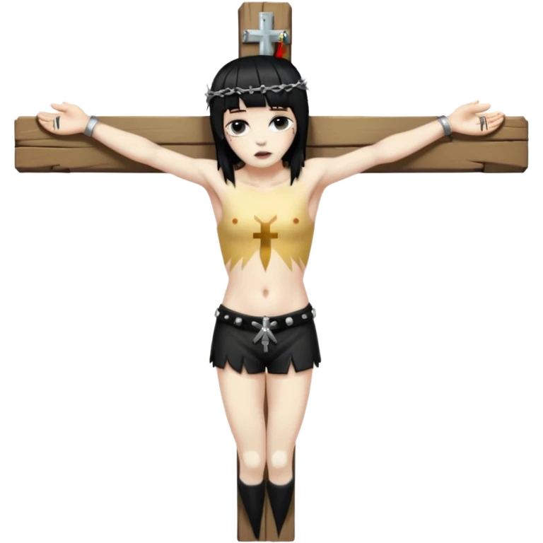 jesus-body-on-the-cross, crucifix, black hair, punk hair, punk bangs emoji
