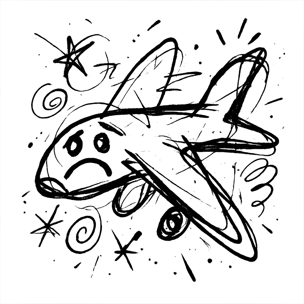 sad black airplane logo, chaotic sketch, suitable for a program emoji