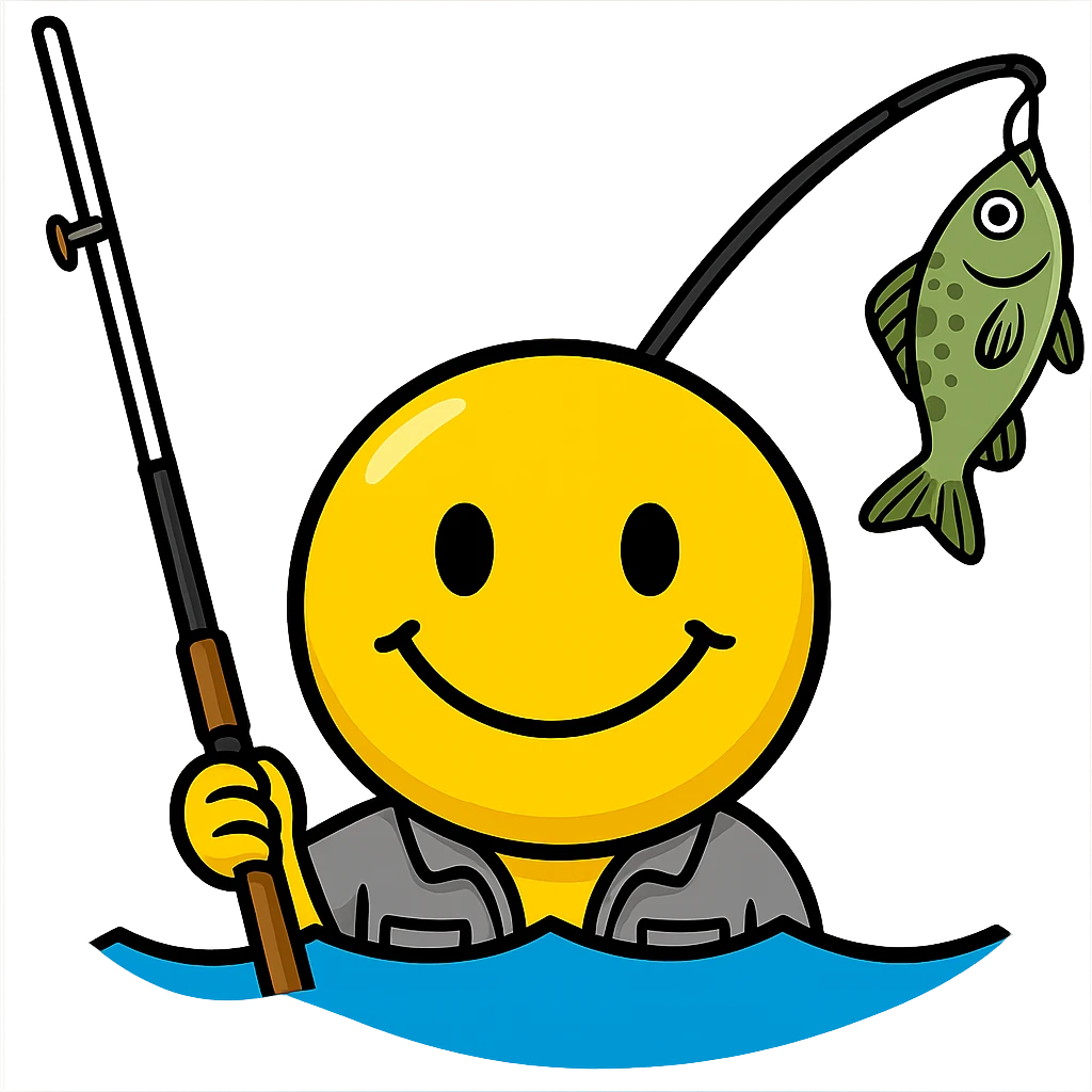 Remove the fishing cap and add a fish to the end of the fishing pole, keep the style the same, with no background. emoji