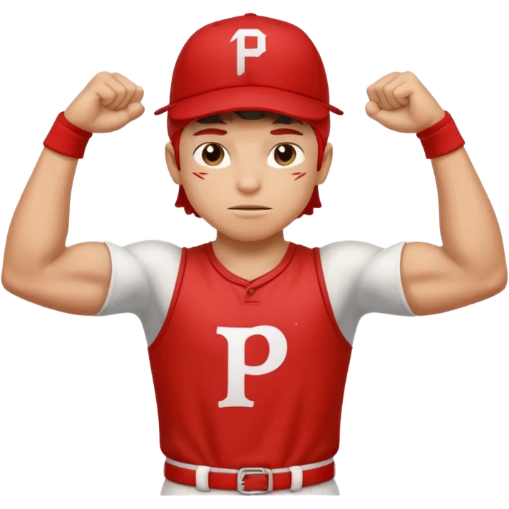 Strong teenage baseball player flexing small muscles red hat with letter p emoji