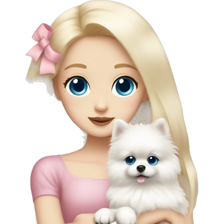 Blond girl white skin blue eyes hugging white Pomeranian with light pink bow emoji